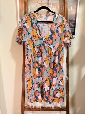 Cupshe Teal Floral Tropical Short Sleeve Swim Coverup